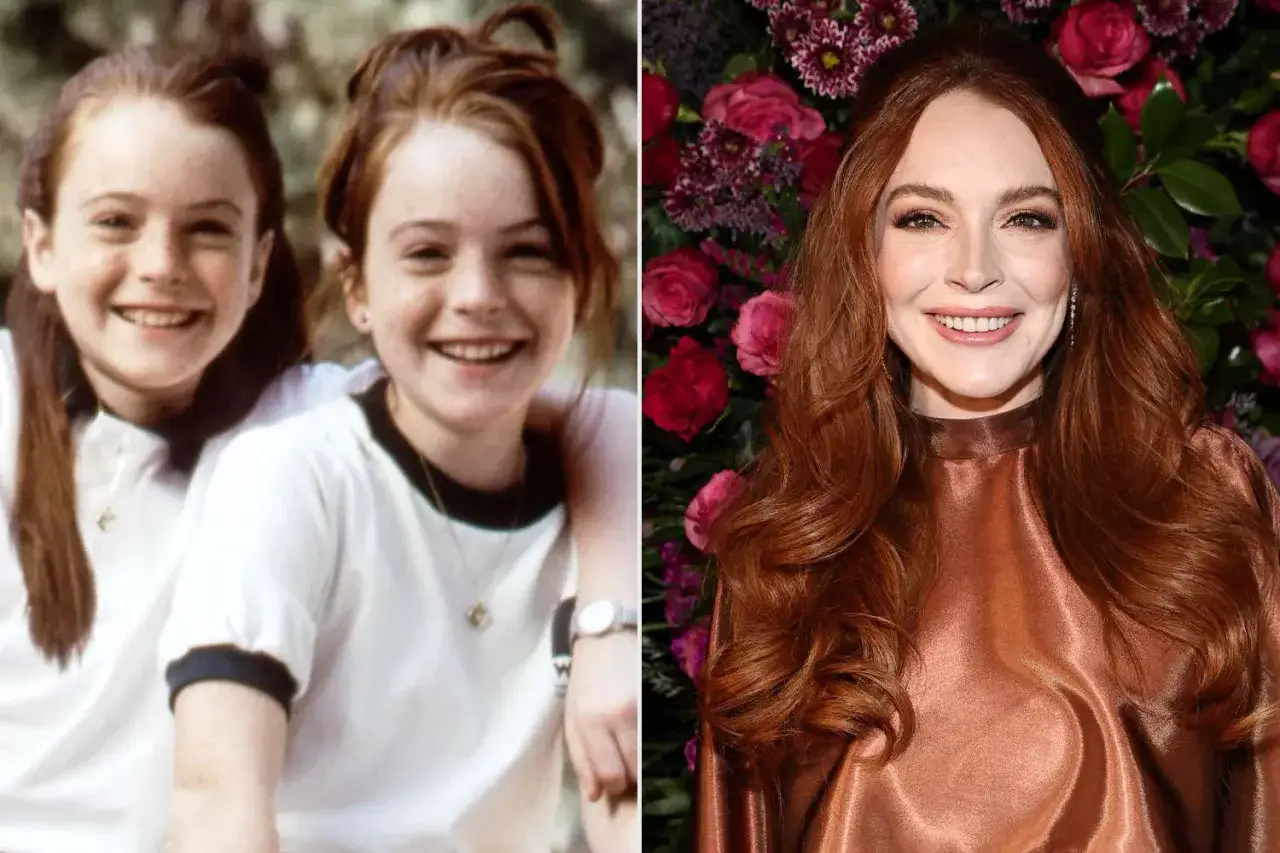 Nie wierzcie bliźniaczkom obsada: Lindsay Lohan jako Hallie i Annie, oraz wsp&oacute;łczesna Lindsay Lohan na tle kwiat&oacute;w.