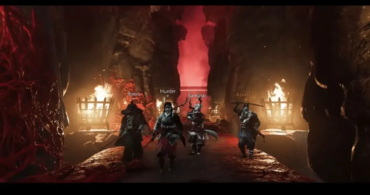 Czterech wojownik&oacute;w: Ronin, Hunter, Samurai i Assassin, w mrocznym, ognistym krajobrazie. Tryb legend w Ghost of Tsushima.