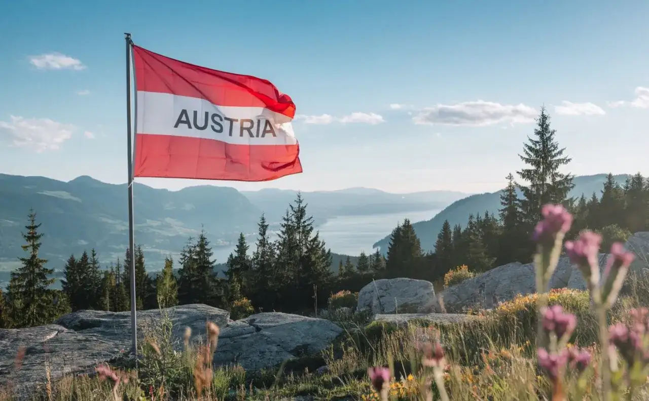 Flaga Austrii powiewa na wietrze, zapraszając do pracy w Austrii. Widok na góry i jezioro.