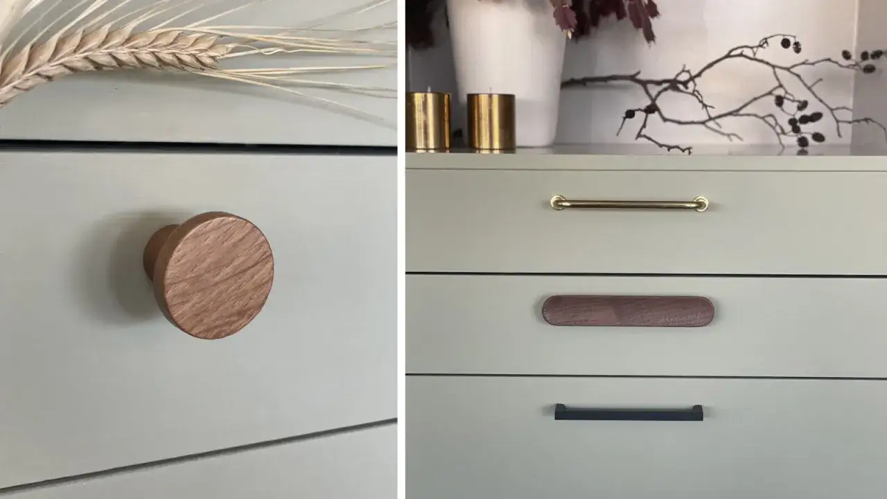 Detaljer från ett diy projekt: en rund träknopp och olika handtag på en ljusgrön byrå.