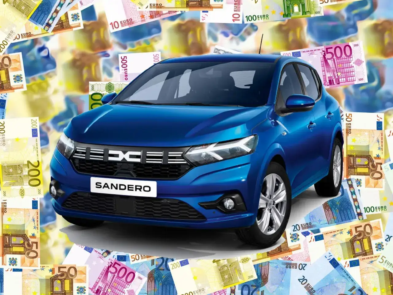Dacia Sandero blu, circondata da banconote in euro, la macchina meno costosa al mondo.