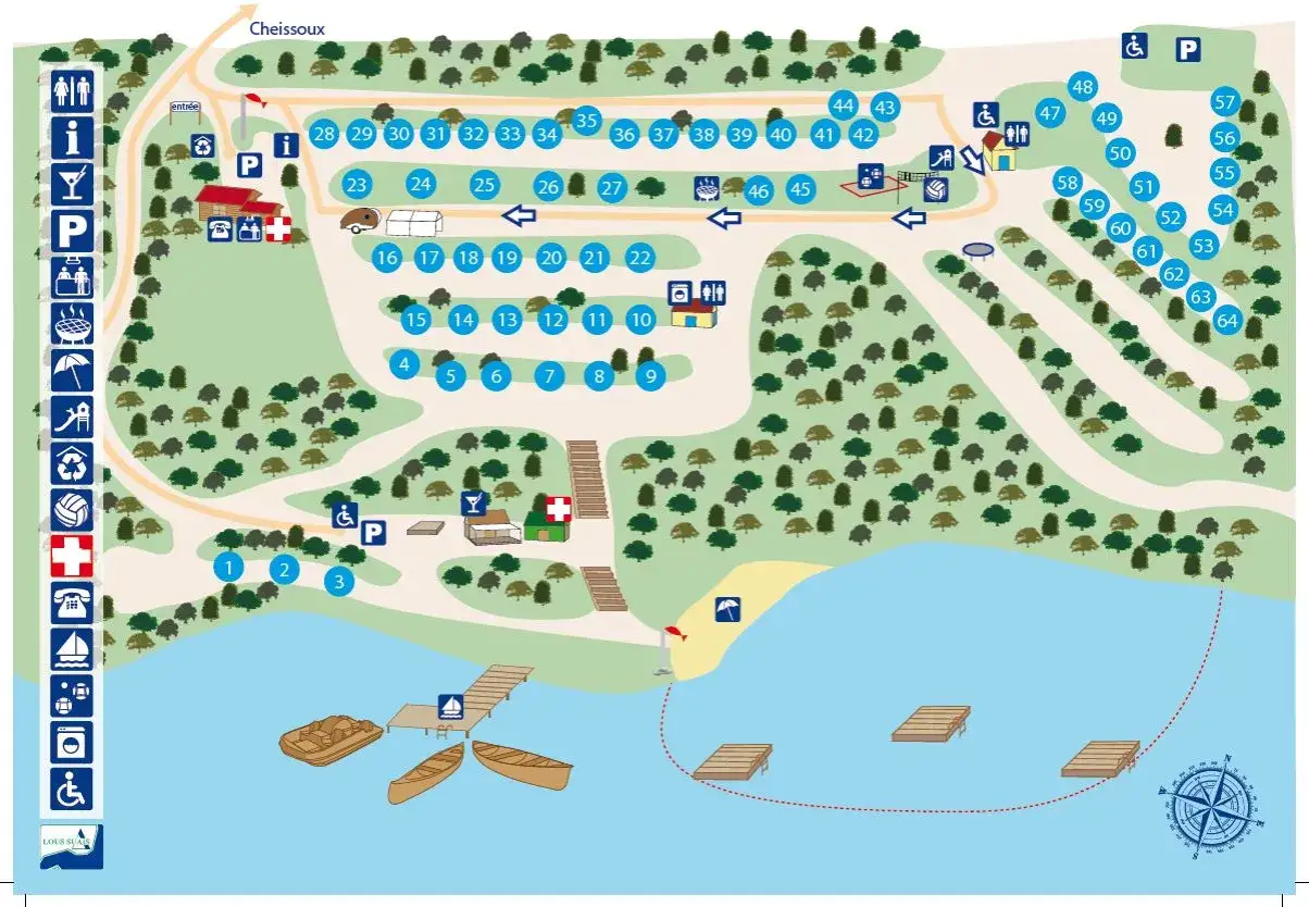 Plan d'un camping naturiste en Allemagne, avec emplacements num&eacute;rot&eacute;s, acc&egrave;s &agrave; un lac, et symboles pour services.