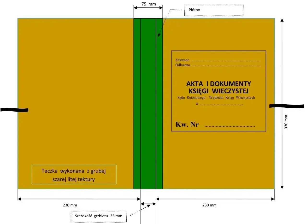 Projekt teczki na akta księgi wieczystej. Wymiary 230x330 mm, grzbiet 35 mm. Okładka żółta, grzbiet zielony. Informacje o tym, ile trwa założenie księgi wieczystej, można znaleźć w dokumentach.