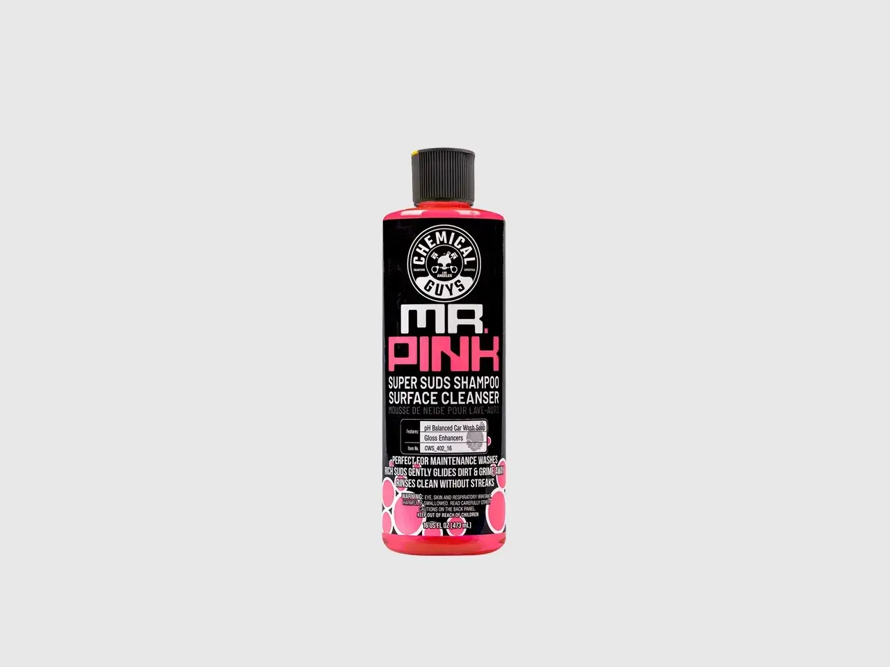 En flaska Mr. Pink bilschampo. Ger rikligt med skum som reng&ouml;r bilen utan r&auml;nder.