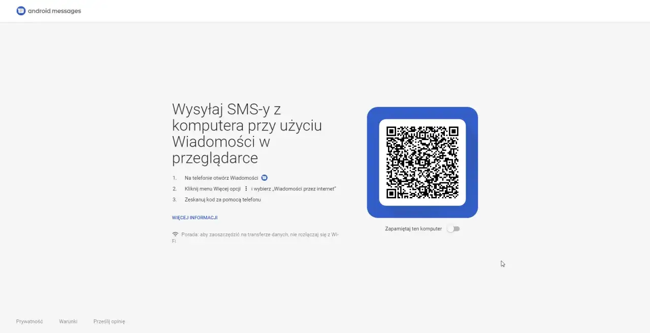 Jak wysłać SMS z internetu? Zeskanuj kod QR telefonem, by połączyć Wiadomości z przeglądarką.