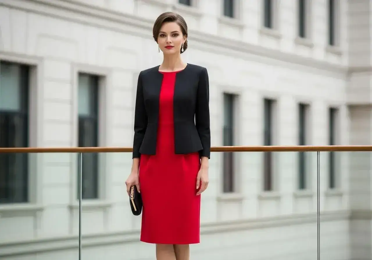 Elegancka stylizacja na wesele: czerwona sukienka i czarny żakiet. Idealny zestaw, by zadać pytanie: jaki żakiet do czerwonej sukienki na wesele?