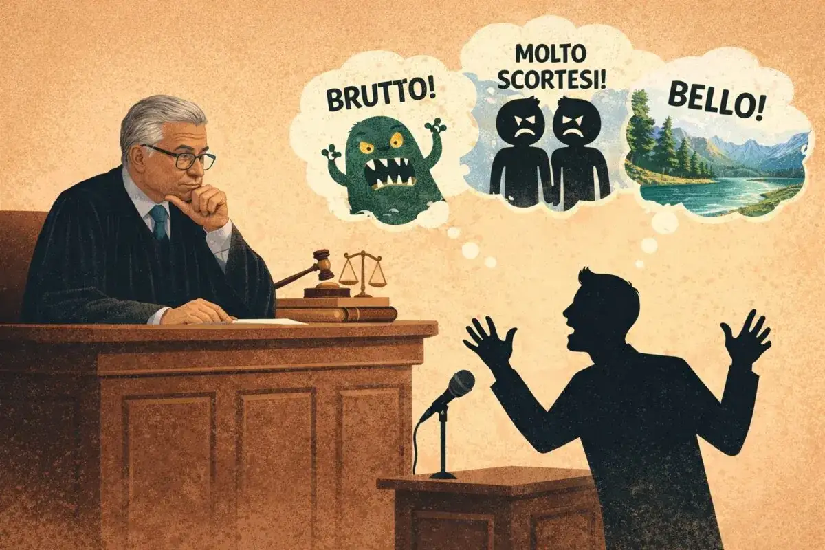 Un giudice ascolta un testimone che immagina un mostro, persone arrabbiate e un paesaggio. Il significato della testimonianza è soggettivo.