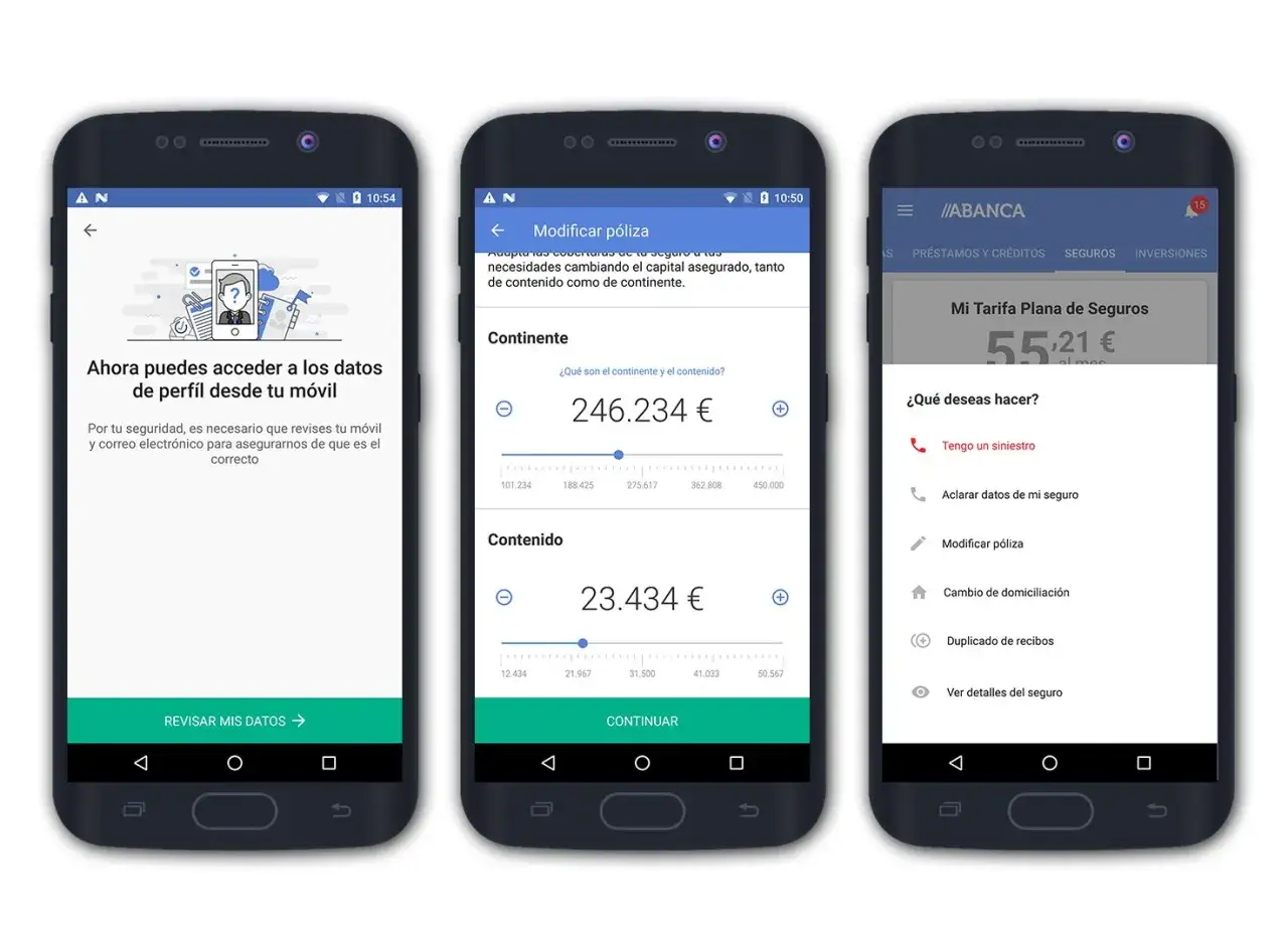 Tres pantallas de móvil muestran la app de Abanca. La primera permite revisar datos, la segunda modificar una póliza de seguros, y la tercera ofrece opciones como