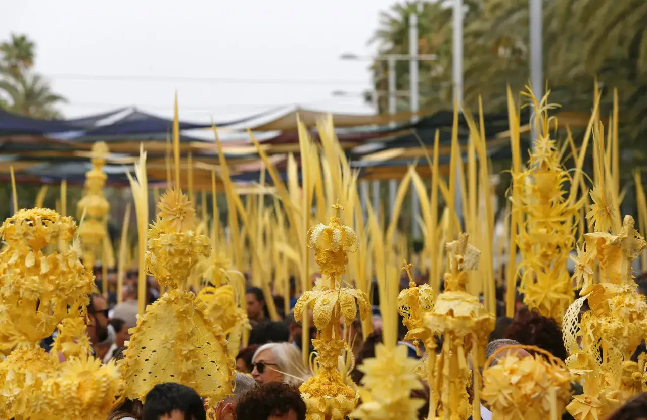 Detalles de la procesión del Domingo de Ramos: palmas y figuras elaboradas de palma, con gente al fondo.