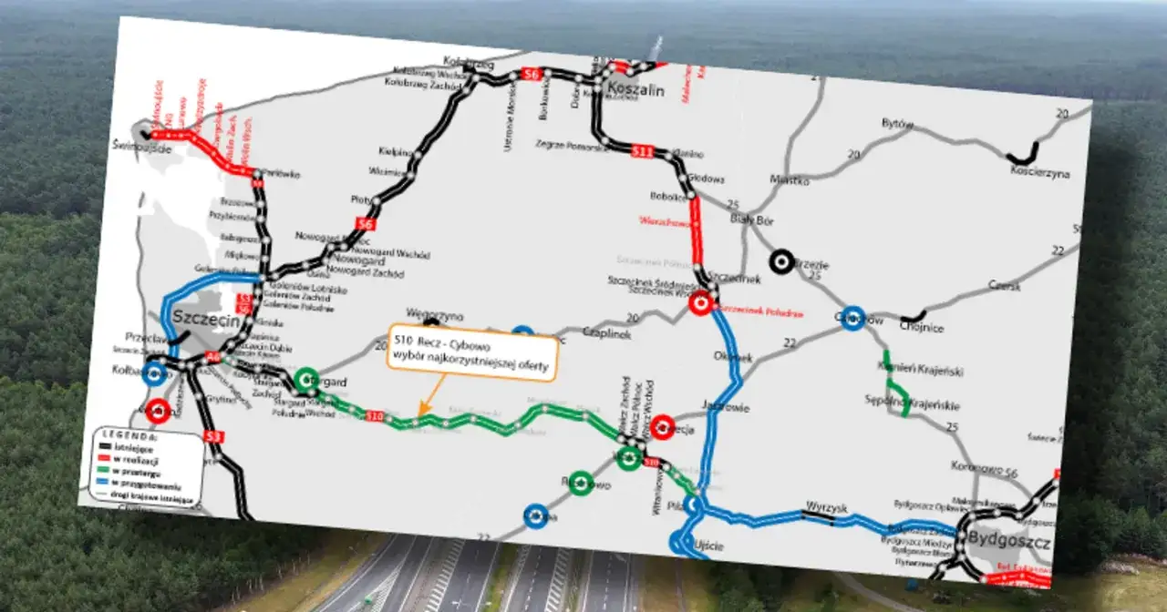 Mapa drogowa z zaznaczonymi trasami, w tym drogami dojazdowymi do Szczecina. Widoczne są różne kolory oznaczające status inwestycji.