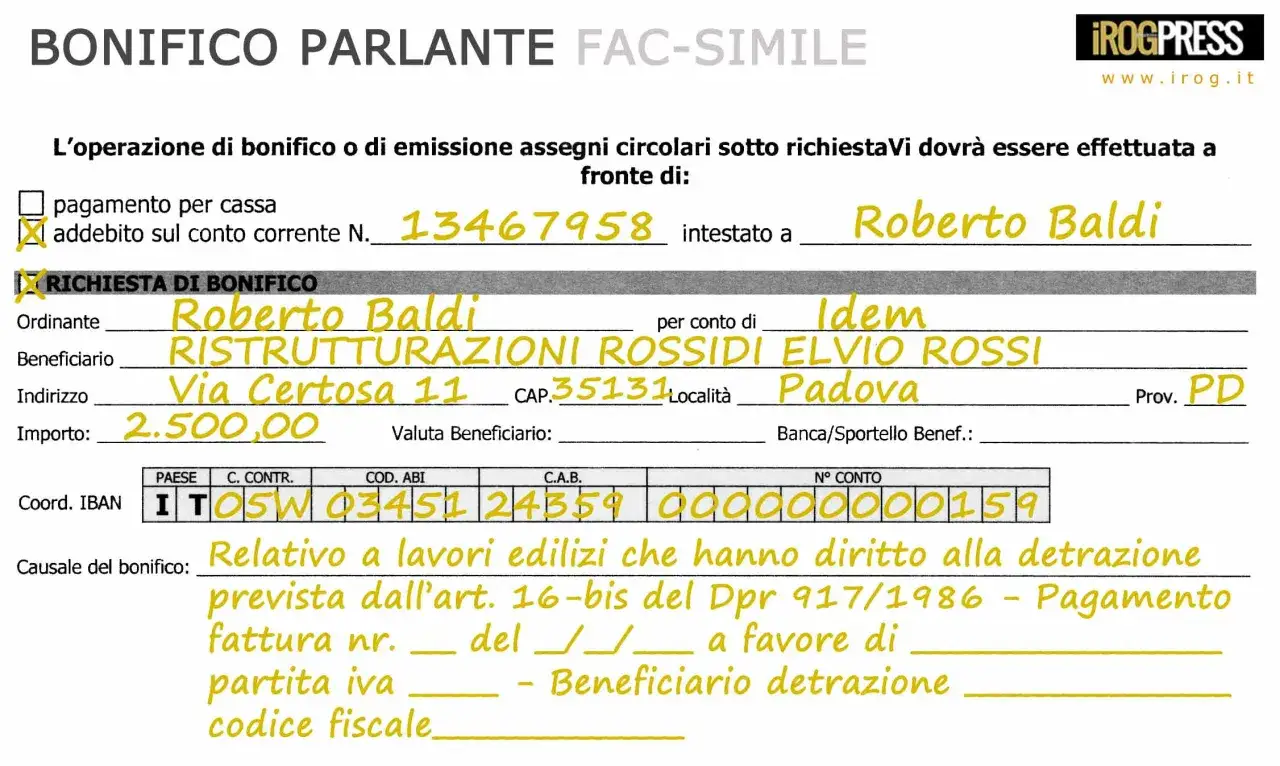 Bonifico parlante per ristrutturazione: Roberto Baldi paga 2.500&euro; a RISTRUTTURAZIONI ROSSIDI ELVIO ROSSI per lavori edilizi.