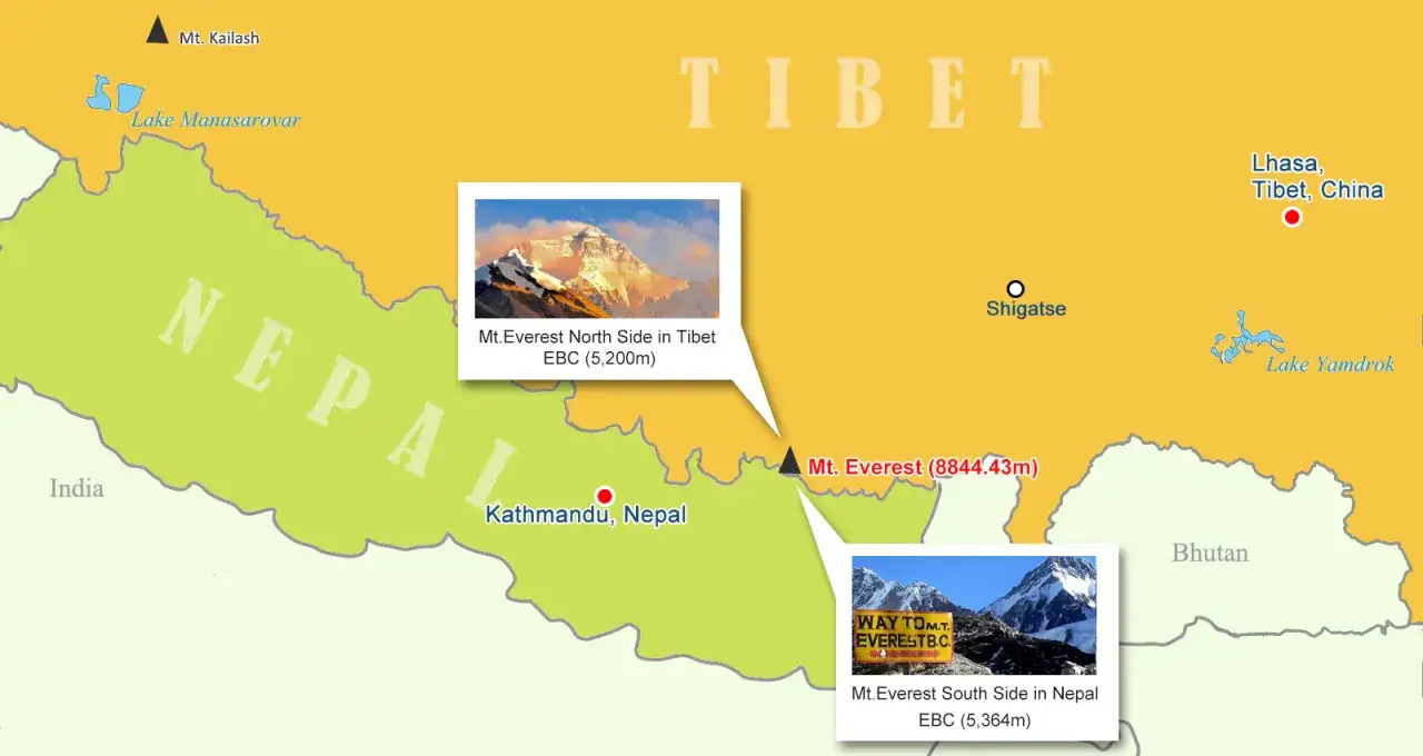 Mapa Mount Everestu w Himalajach, granica Nepal Chiny