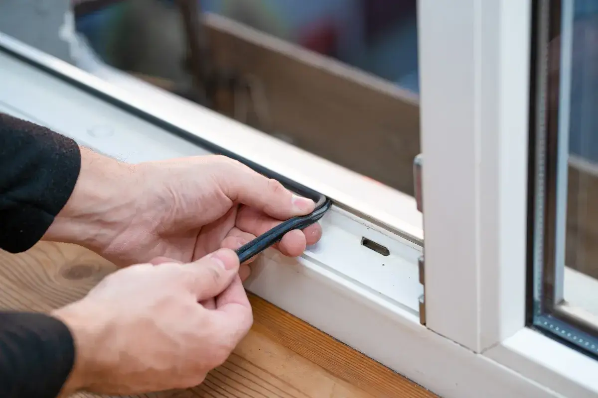 H&auml;nde f&uuml;hren eine Gummidichtung in einen wei&szlig;en Kunststofffensterrahmen ein. Dies ist ein wichtiger Schritt, um die Dichtigkeit und den Schutz vor Witterungseinfl&uuml;ssen zu gew&auml;hrleisten, was auch bei der Reinigung von Kunststofffenstern hilft.