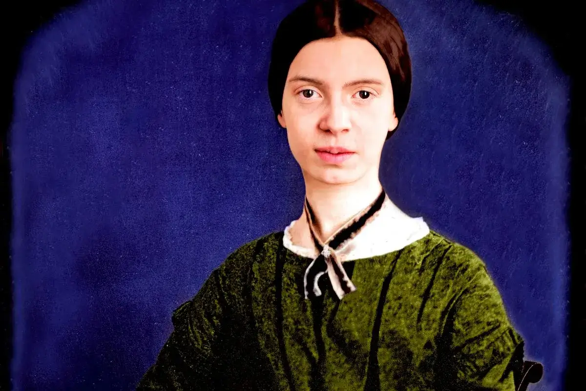 Portret Emily Dickinson, która inspiruje do pisania wierszy. Jej spojrzenie jest przenikliwe, a strój z epoki podkreśla jej indywidualność.