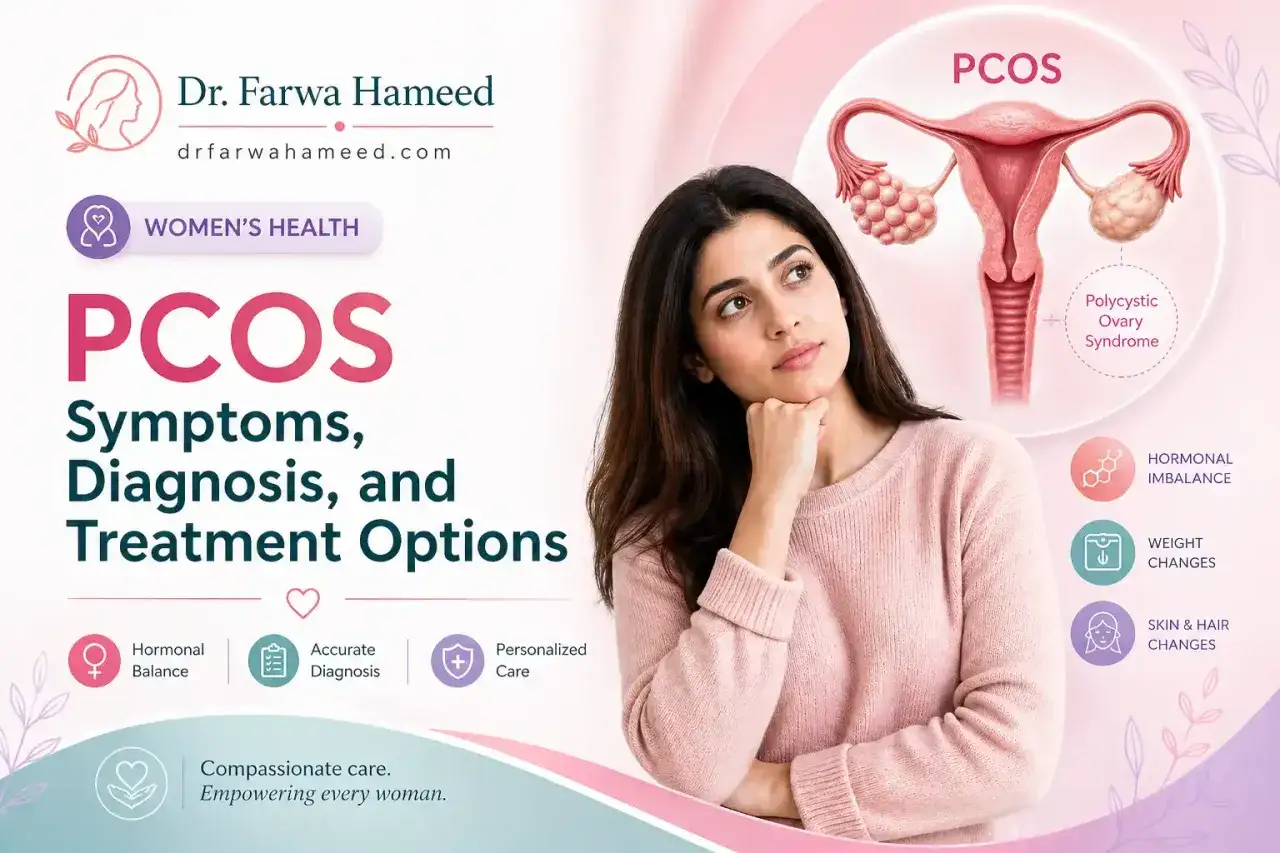 Kobieta zastanawia się nad PCOS. Grafika przedstawia objawy, diagnozę i leczenie zespołu policystycznych jajników.