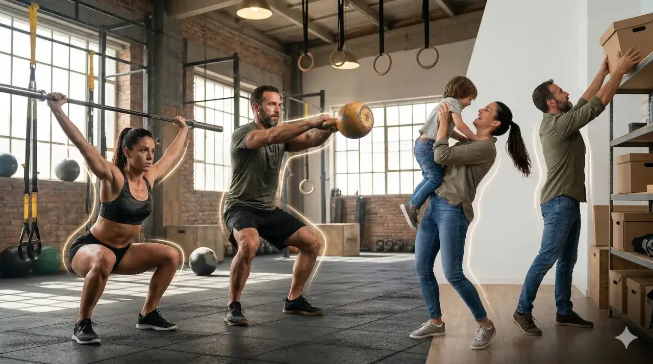 Para ćwiczy trening crossfit w siłowni, podczas gdy rodzina z dzieckiem cieszy się wspólnym czasem.