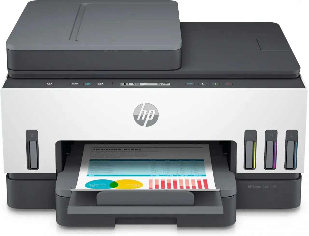 Drukarka HP Smart Tank 7305 z wydrukowanym raportem. Dowiedz się, jak połączyć drukarkę HP z telefonem przez Bluetooth, aby drukować bezprzewodowo.