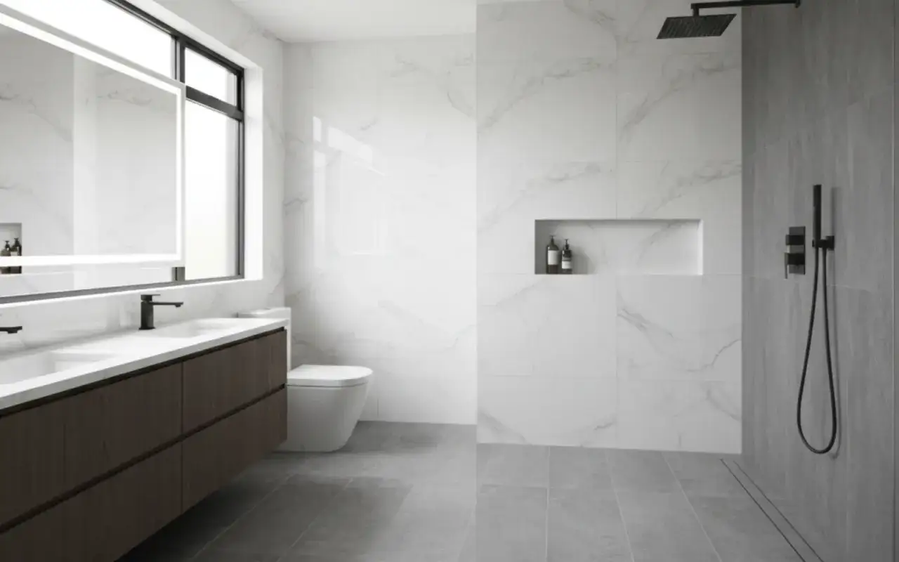 Bagno moderno con doppio lavabo, WC sospeso e un'ampia zona doccia con soffione a pioggia. Le **docce senza piatto** creano un look minimalista e spazioso.
