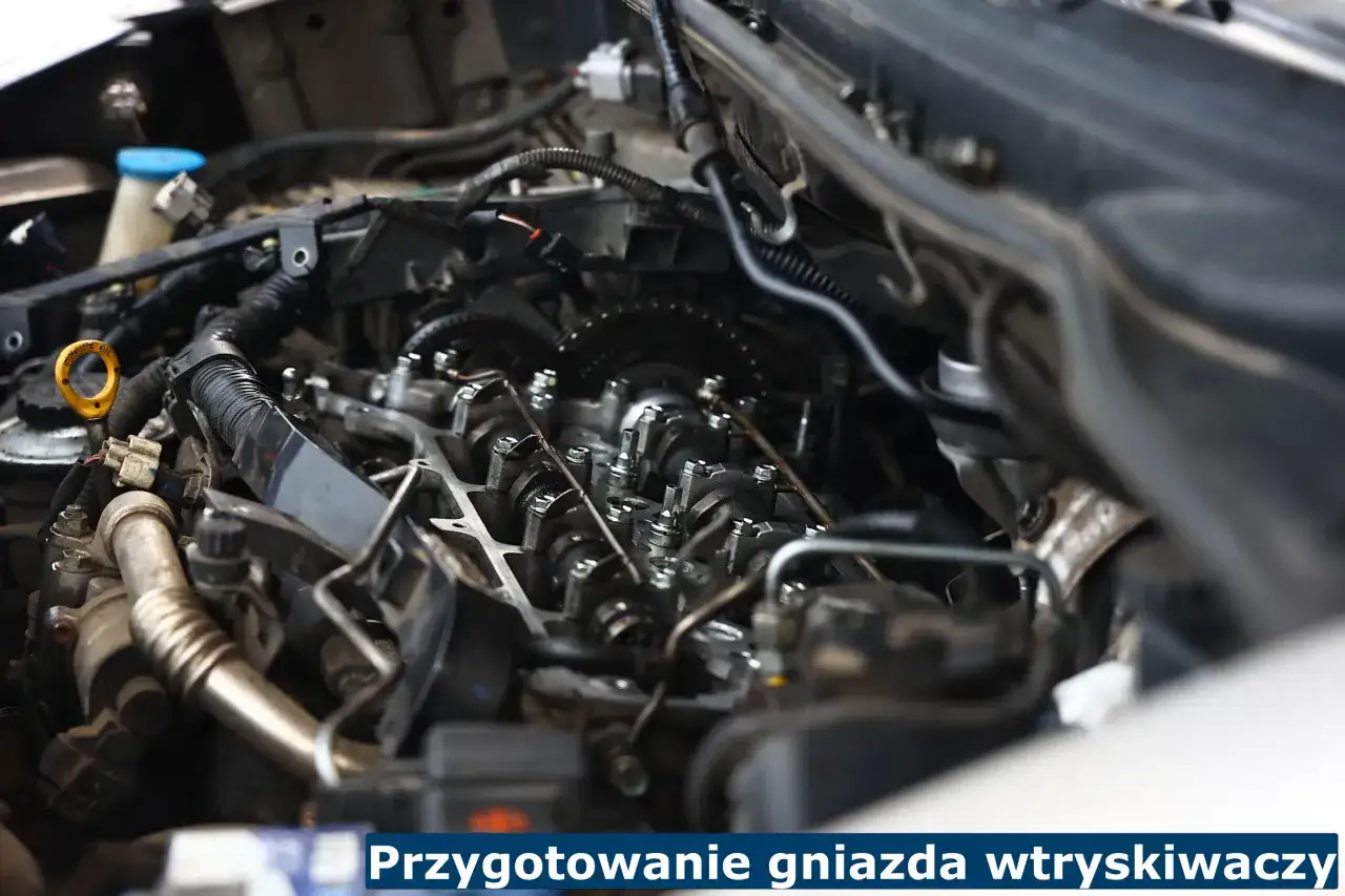 Widok na wnętrze silnika samochodowego, gdzie mechanik przygotowuje mokre gniazdko wtryskiwacza do dalszych prac.