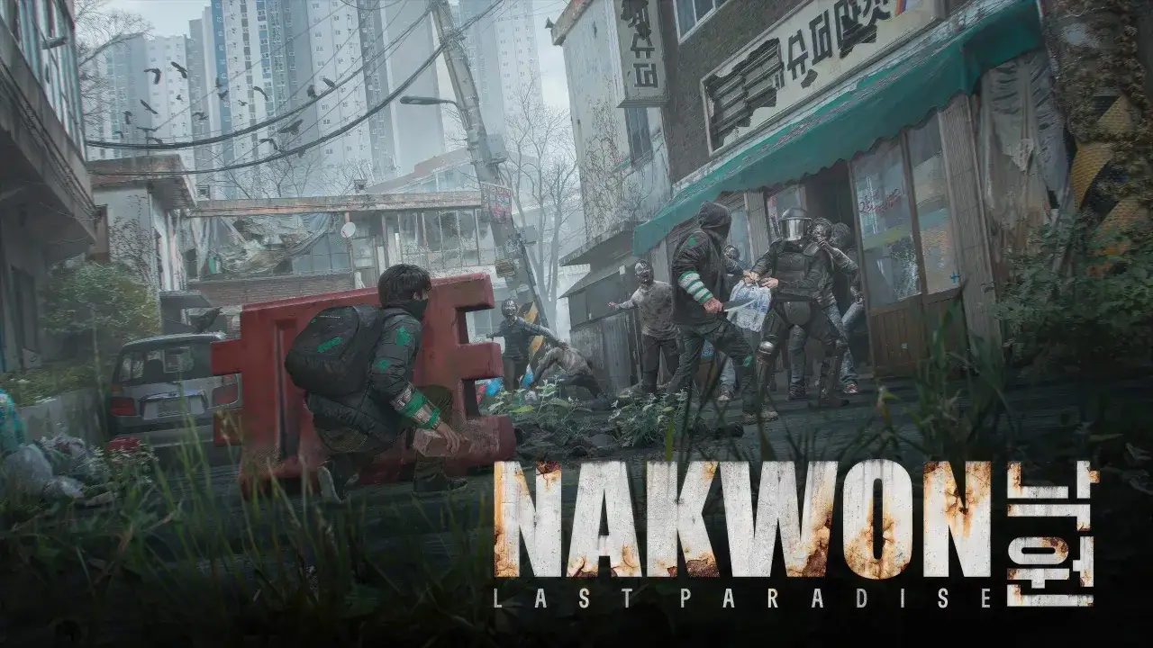 Un superviviente se esconde de zombis en una calle desolada, buscando refugio en Nakwon, el último paraíso.