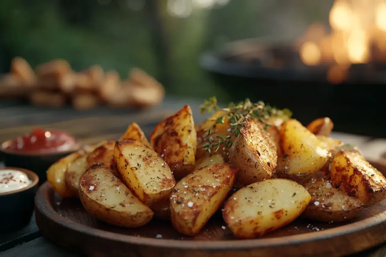 Knusprige kartoffelspalten im backofen, garniert mit frischen Kr&auml;utern, warten auf ein Dip-Bad. Im Hintergrund flackert ein Grillfeuer.
