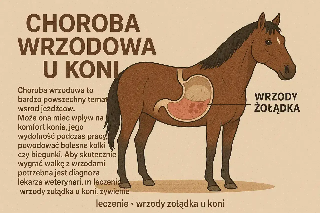 Ilustracja przedstawia przekrój konia z widocznymi wrzodami żołądka. Choroba wrzodowa u koni wpływa na komfort i wydolność zwierzęcia.
