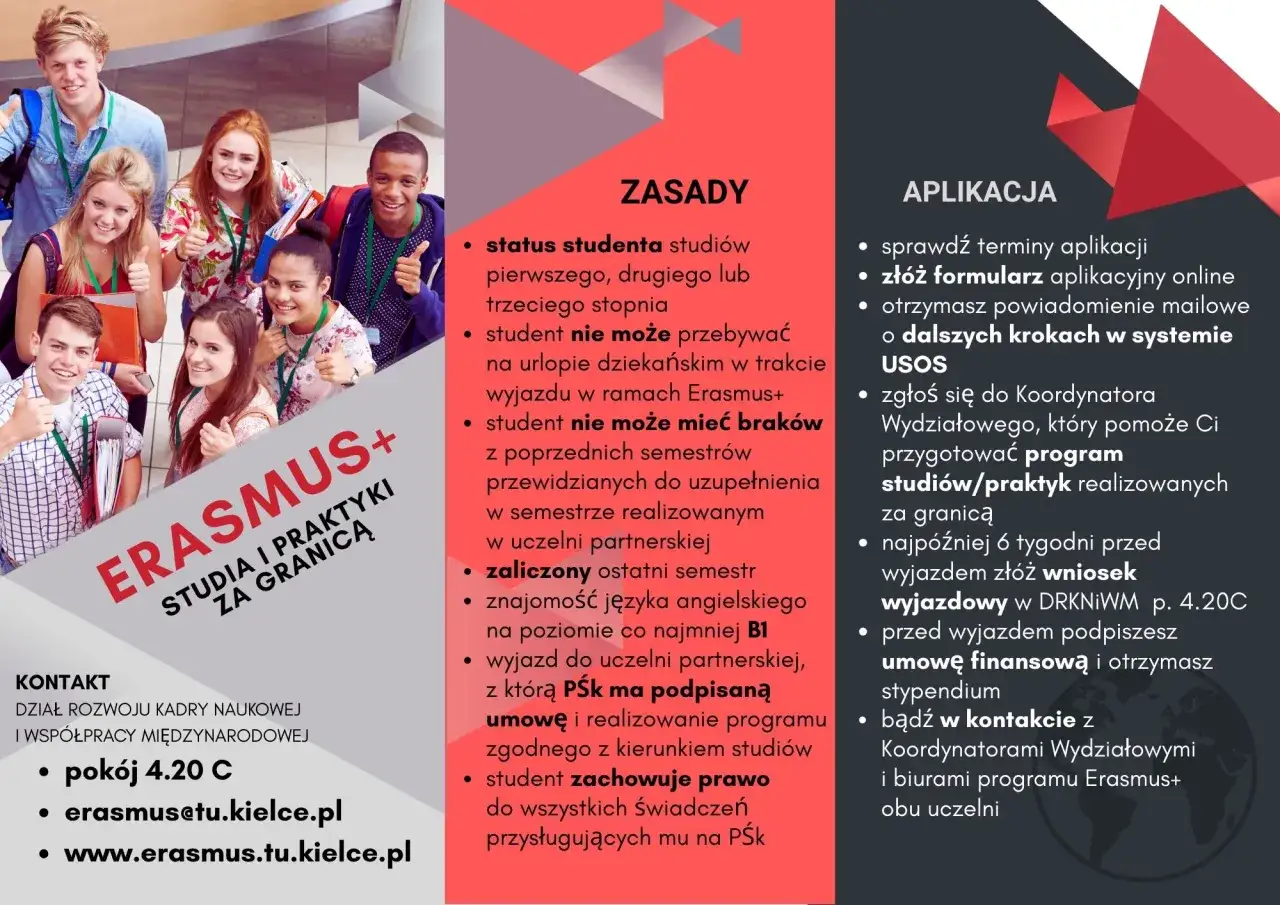 Grupa uśmiechniętych student&oacute;w z kciukami w g&oacute;rze. Dowiedz się, co to Erasmus+ i jak aplikować na studia za granicą.