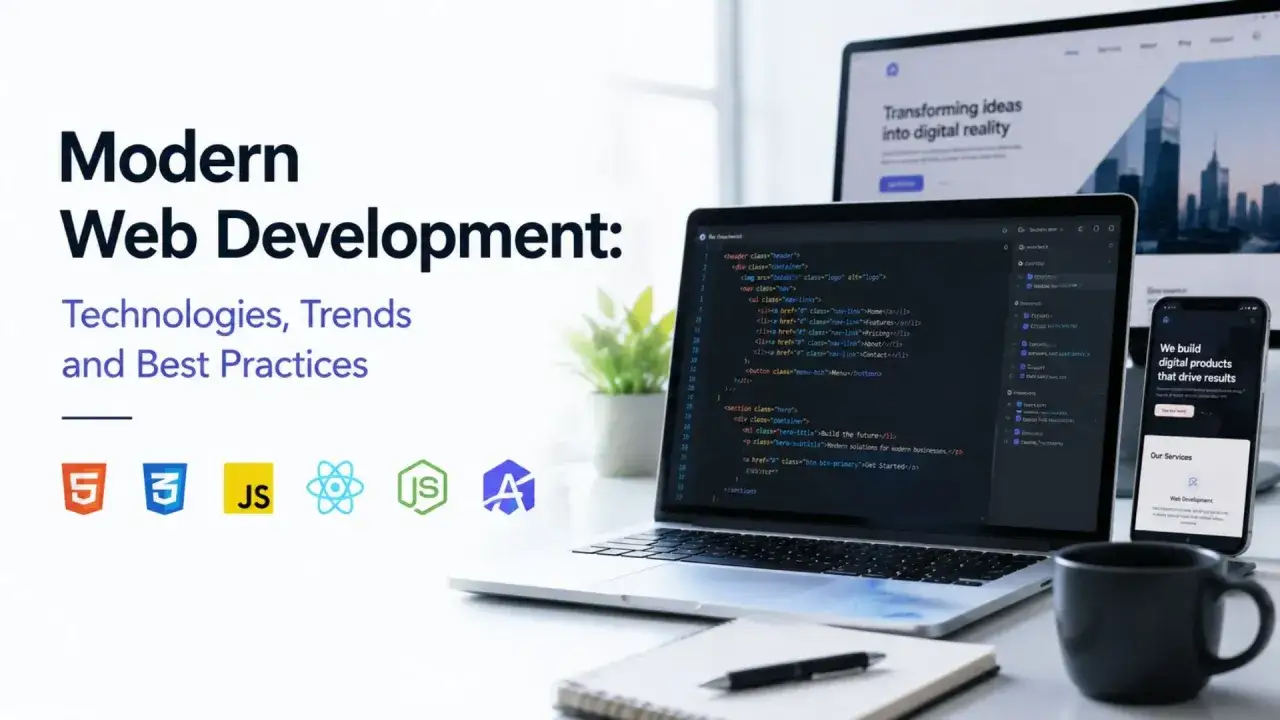 Les meilleures technologies pour le d&eacute;veloppement web : HTML5, CSS3, JavaScript, React, Vue.js. Ordinateur affichant du code, avec des logos de langages web.