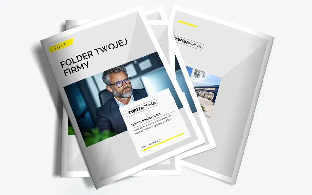 Folder reklamowy wzór z biznesmenem i nowoczesnym budynkiem. Idealny do prezentacji Twojej firmy.