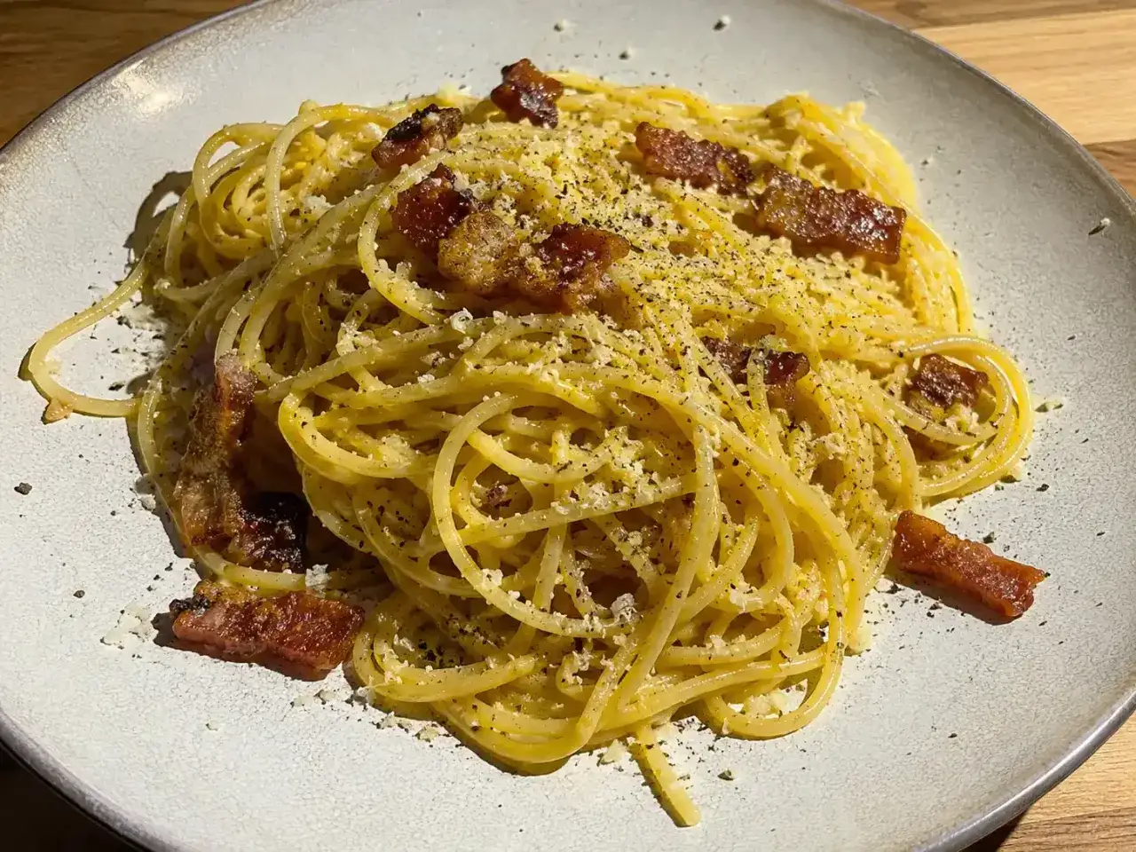 En portion riktig carbonara med spaghetti, guanciale och rikligt med svartpeppar.