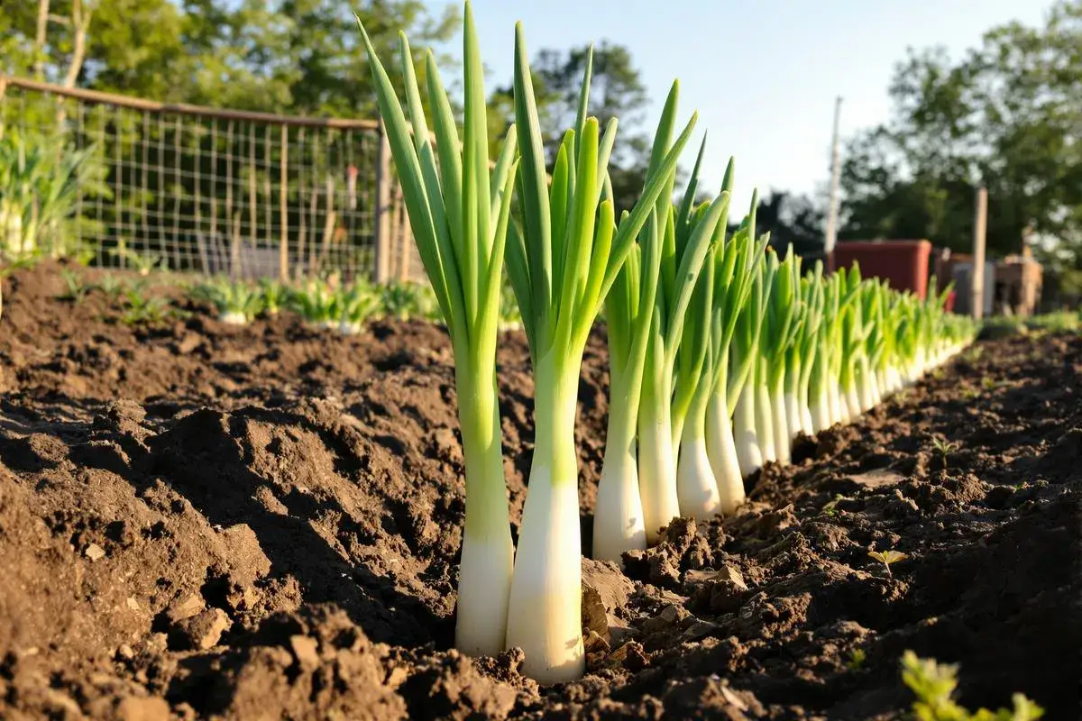 Ligne de jeunes poireaux plantés dans la terre. Faut-il tailler les poireaux pour les faire grossir ? La nature répondra.