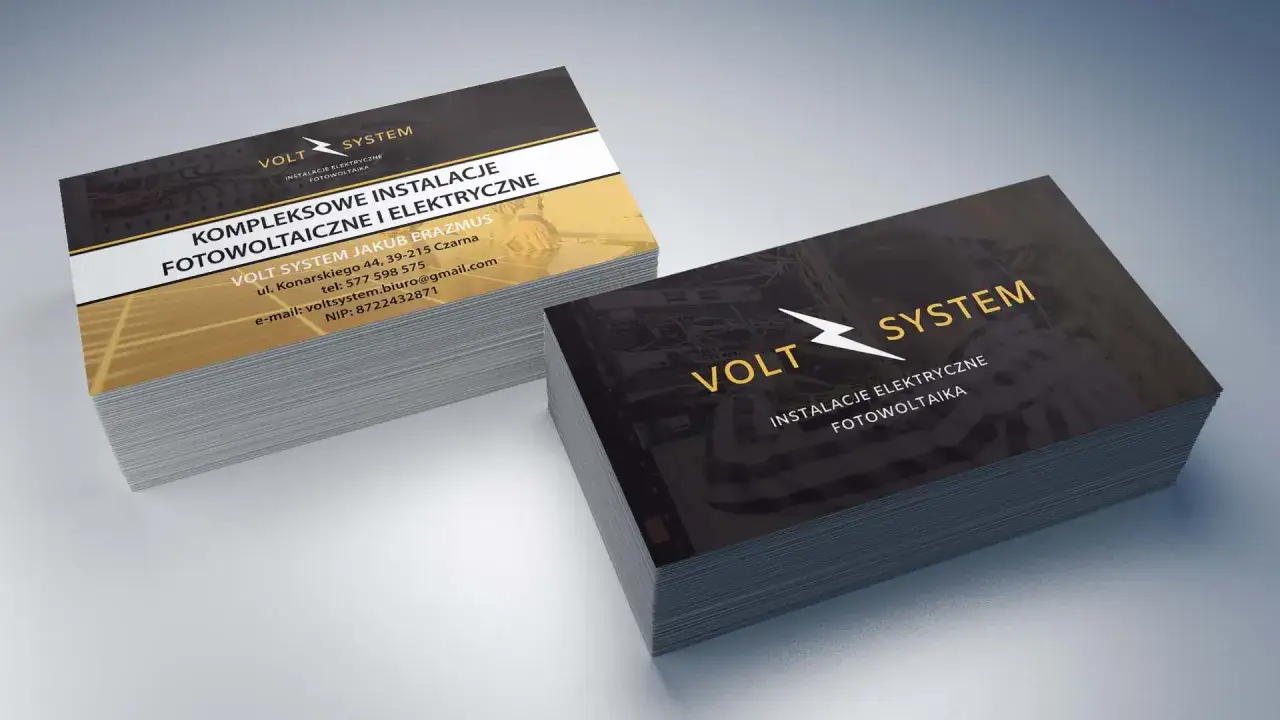 Wizytówki firmy Volt System oferują kompleksowe instalacje fotowoltaiczne i elektryczne. Sprawdź projekt wizytówki i cenę!