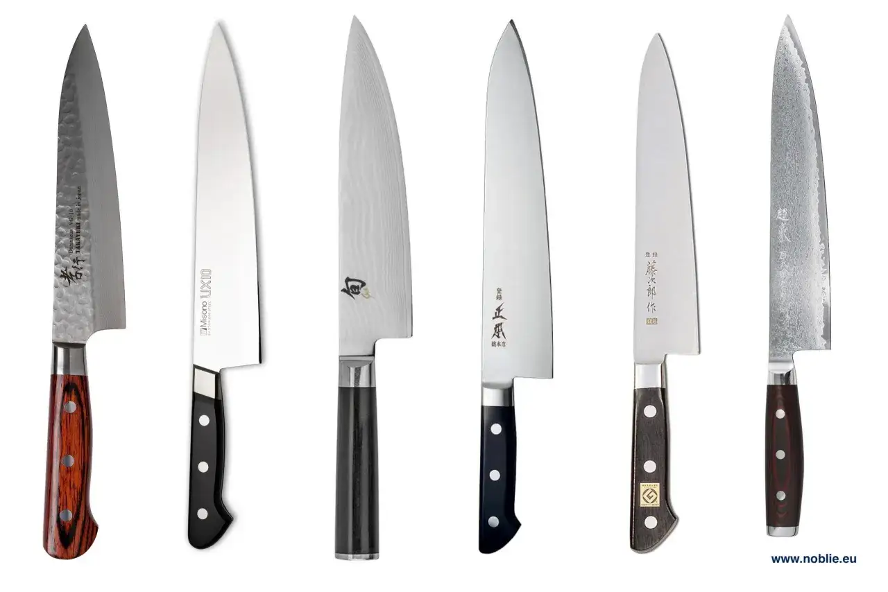 Seis cuchillos de chef de alta calidad, algunos con patrones damasquinos, que representan la mejor marca de cuchillos para cocineros exigentes.
