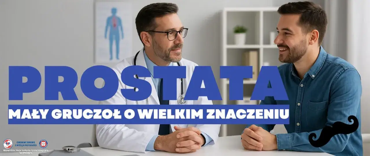 Lekarz rozmawia z pacjentem o badaniu prostaty. Napis