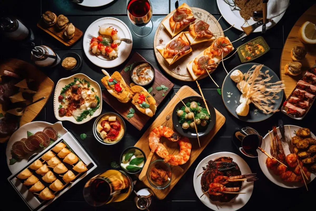 Stół pełen pysznych tapas: krewetki, pieczywo z dodatkami, ser, wędliny i inne przekąski.