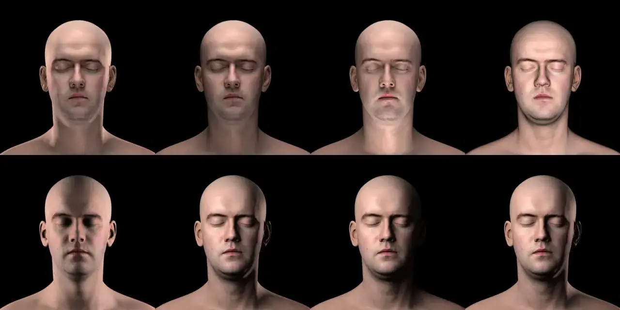 Huit visages chauves aux yeux fermés, présentés en deux rangées. Une étude de portrait numérique explorant les variations subtiles de l'éclairage et des textures.
