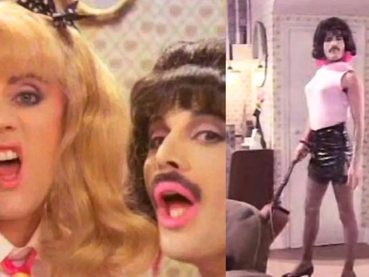 Freddie Mercury w różowej bluzce i skórzanej spódniczce, z biczykiem w dłoni, krzyczy