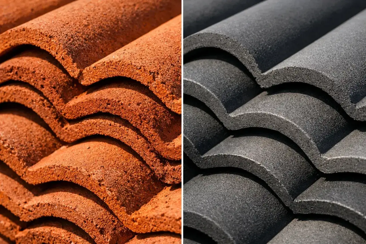 Dwa rodzaje dachówek: tradycyjna ceramiczna w kolorze ceglastym i nowoczesna betonowa w odcieniu grafitu.