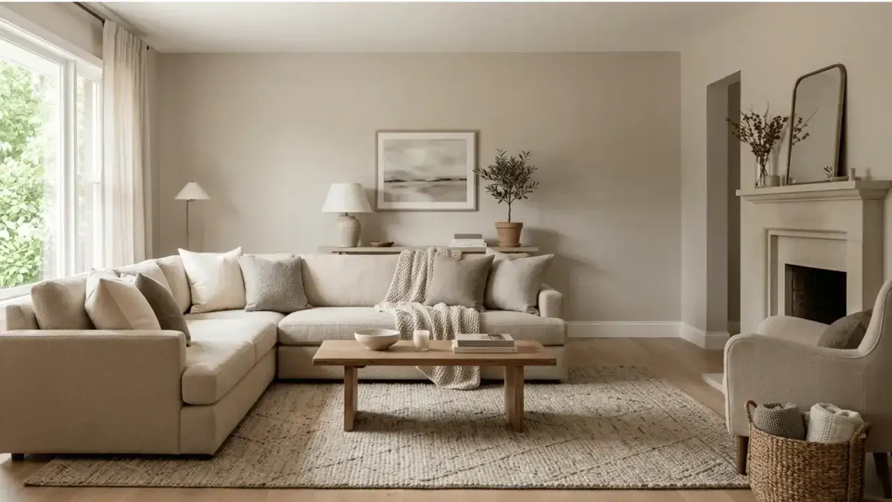 Ein gemütliches Wohnzimmer in gedeckten Farben. Ein großes Ecksofa mit vielen Kissen, ein Holztisch und ein Kamin schaffen eine warme Atmosphäre.