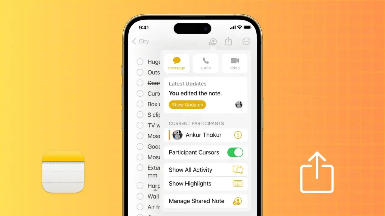Interface d'une application note partag&eacute;e, montrant les mises &agrave; jour et les participants.
