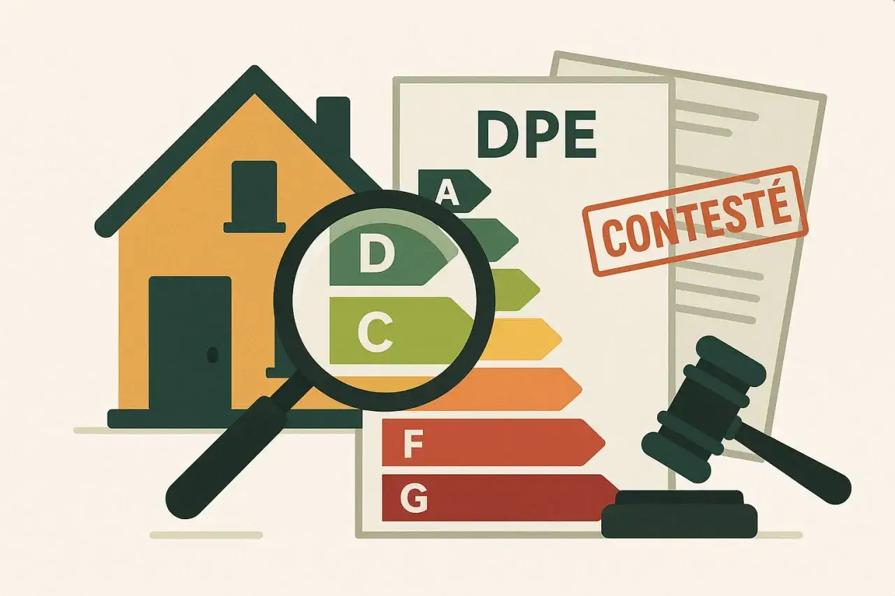 Maison sous loupe, DPE avec classes A à G, et un marteau de juge. Le DPE est contesté.