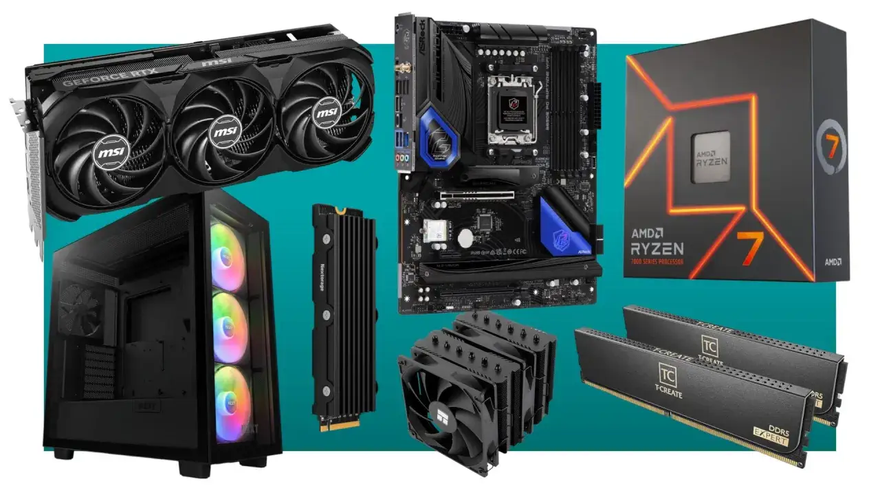 Komponenty PC: karta graficzna, obudowa, płyta gł&oacute;wna, procesor AMD Ryzen, RAM i chłodzenie. Idealne do gier, może GTA 6 wymagania będą spełnione.