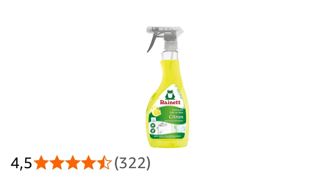 Spray anticalcaire naturel Rainett Citron pour salle de bain, nettoie en profondeur et laisse une odeur fraîche.