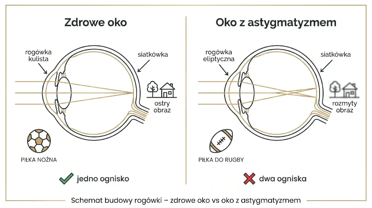 Porównanie zdrowego oka z kulistą rogówką i oka z astygmatyzmem (eliptyczna rogówka). Czy astygmatyzm jest dziedziczny? Schemat pokazuje różnice w ogniskowaniu światła.