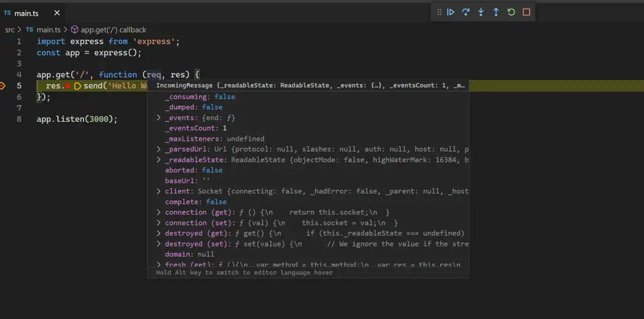 Kod TypeScript z `npm init` w tle, tworzący serwer Express.js. Widoczny fragment kodu obsługuje żądanie GET.