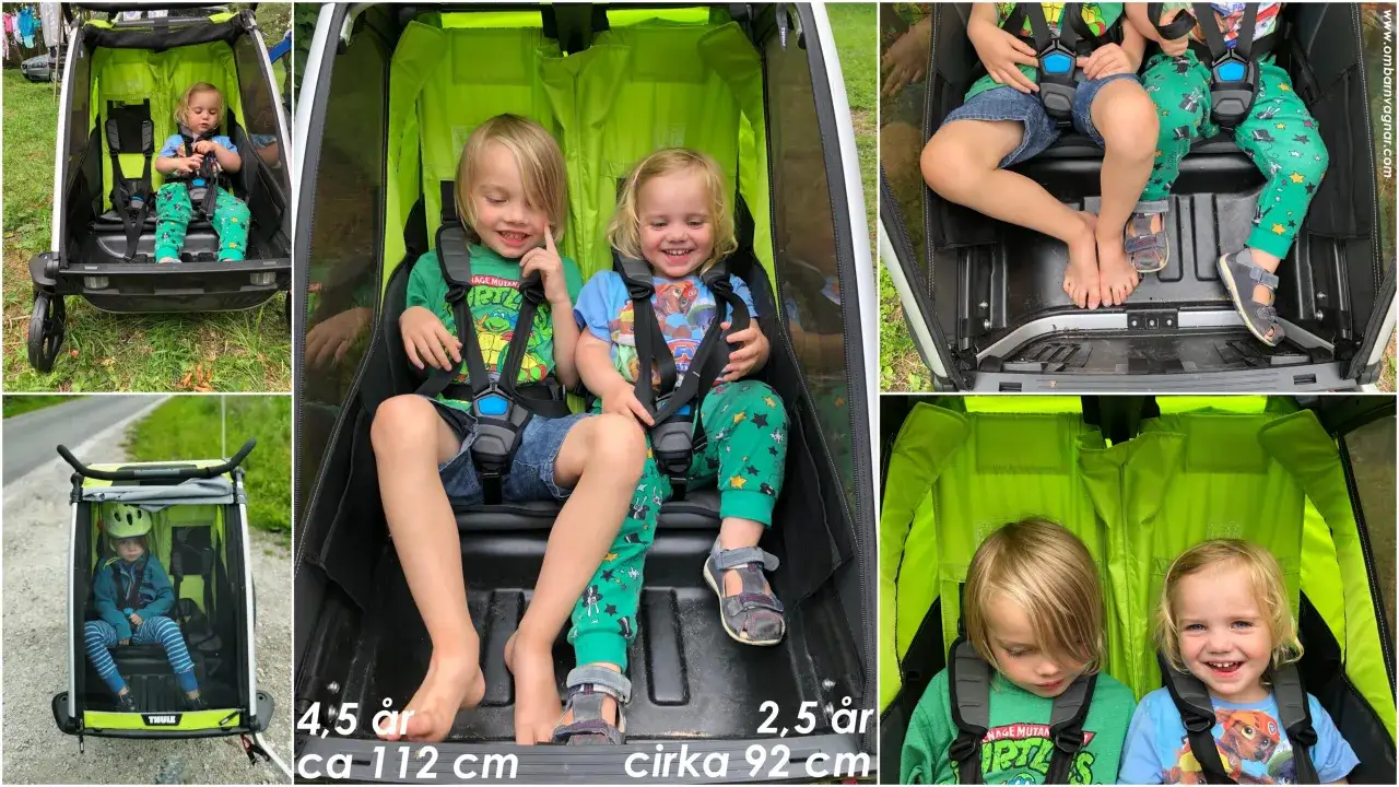 Barn i cykelvagn. En 4,5-&aring;ring med hj&auml;lm sitter ensam. Tv&aring; yngre barn, 2,5 &aring;r, delar p&aring; utrymmet.