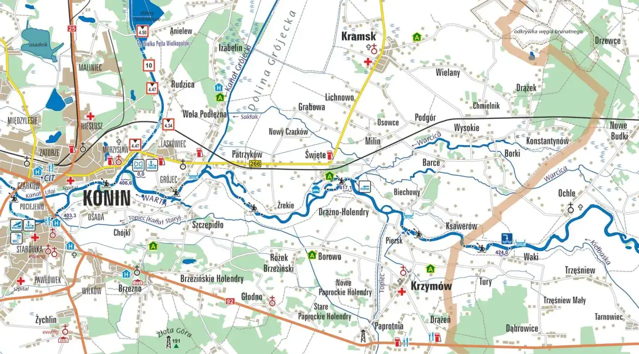 mapa szlaku kajakowego Warty