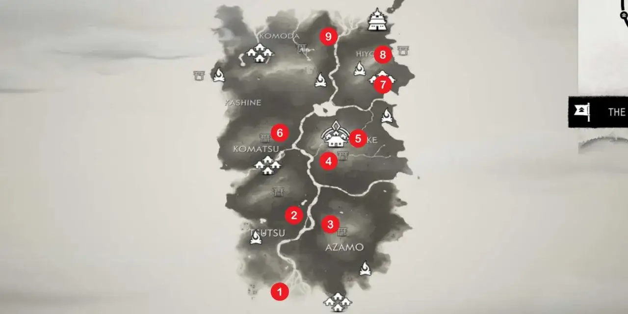 Mapa de Ghost of Tsushima con puntos de interés marcados, incluyendo manantiales.