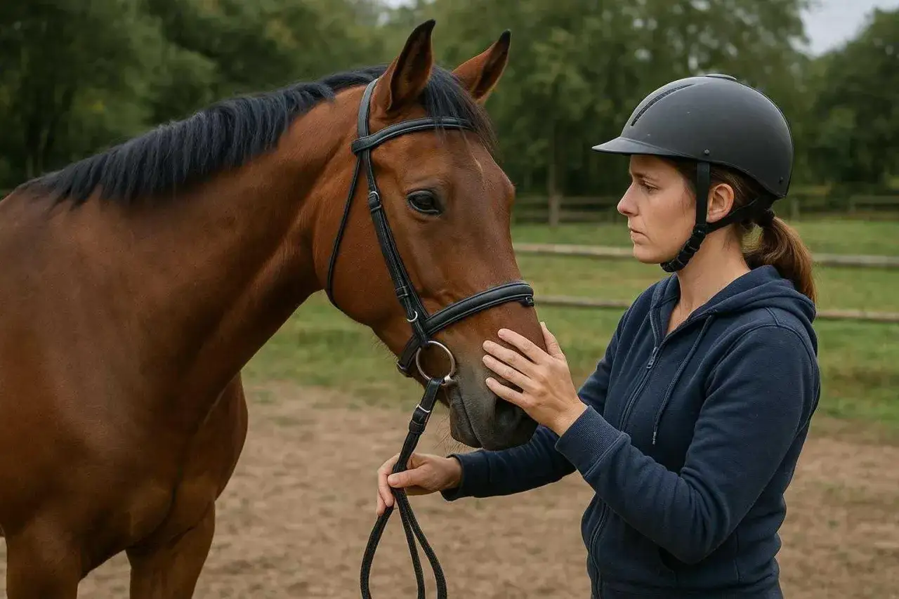 Une cavalière en casque caresse un cheval brun. Moment de complicité avant l'apprentissage de l'équitation.