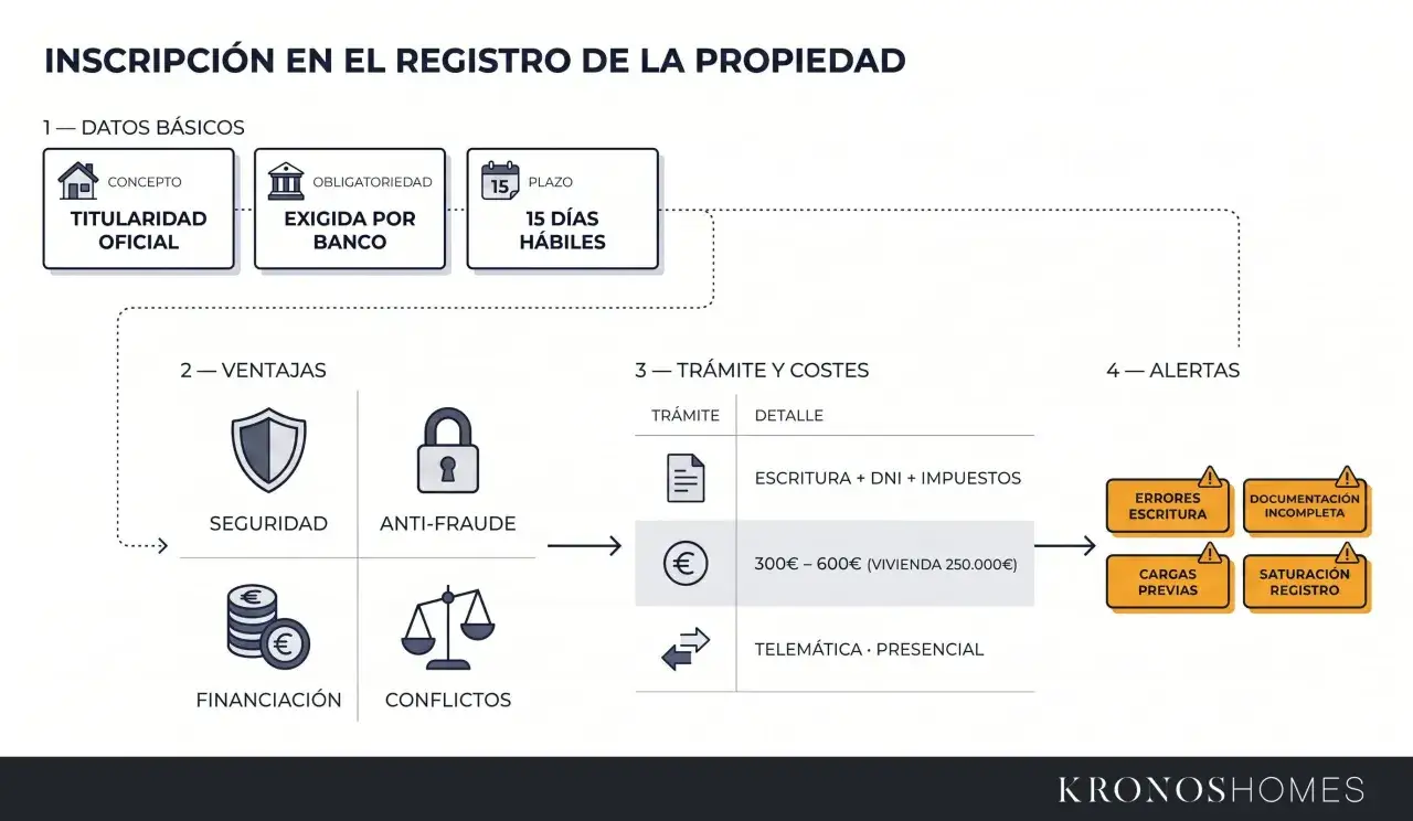 Diagrama sobre la inscripci&oacute;n en el registro de la propiedad, detallando datos b&aacute;sicos, ventajas, tr&aacute;mites y costes, y alertas. Incluye informaci&oacute;n sobre escrituras de una casa.